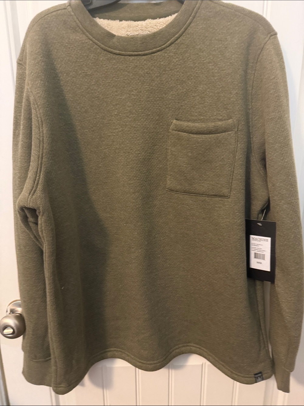 Men's Olive Crewneck Sweater with Chest Patch Pocket fur lined plush size med